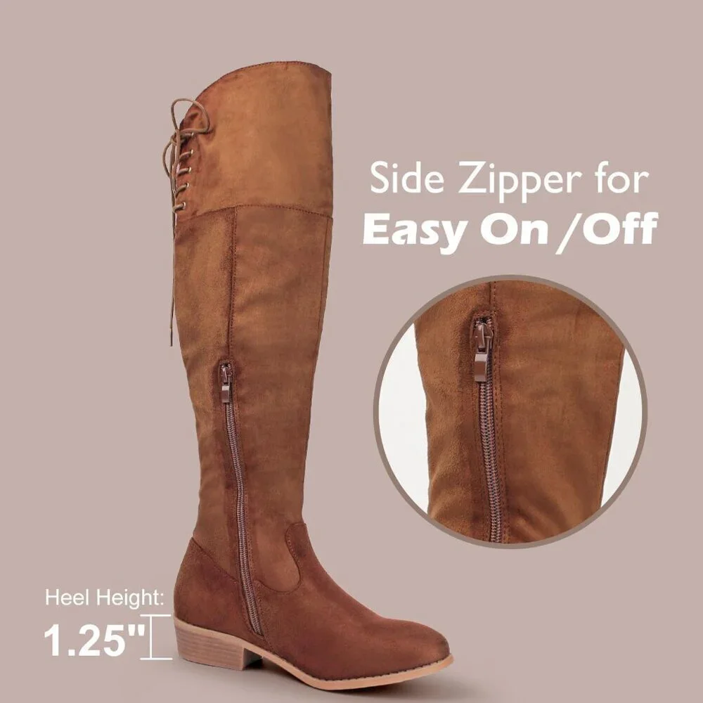 Women's Brown Faux Suede Thigh High Over The Knee Black Low Flat Heel Boots